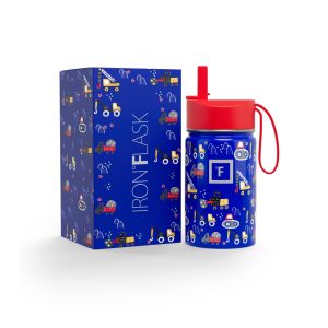 IRON °FLASK Official Kids Water Bottle, 10 Oz Construction Blue - Vacuum Insulated Stainless Steel, Leakproof Straw Lid with Carry Handle, BPA-Free, Includes 20 Name Stickers